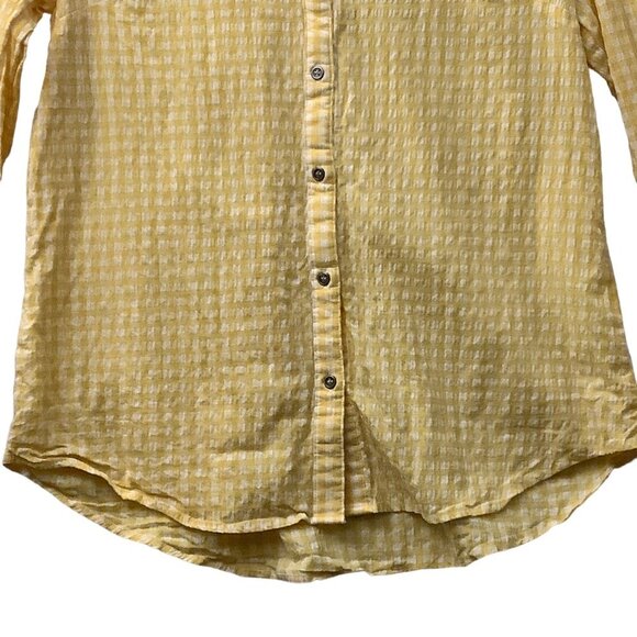 Kut from the Kloth Button Feena Top Women Large Yellow Textured Gingham V-Neck - Picture 3 of 10